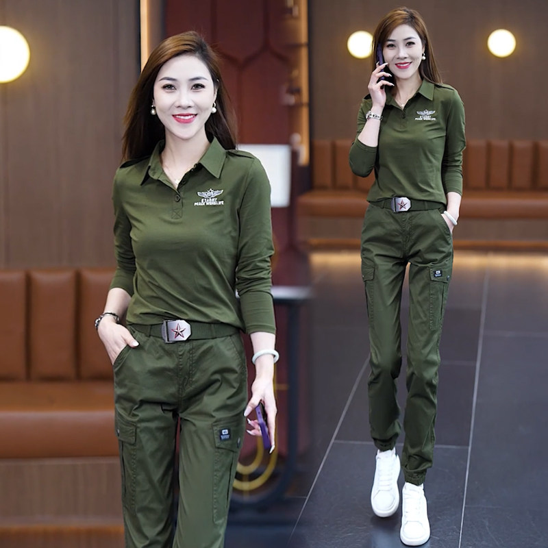 条纹长袖体恤迷彩服运动套装女