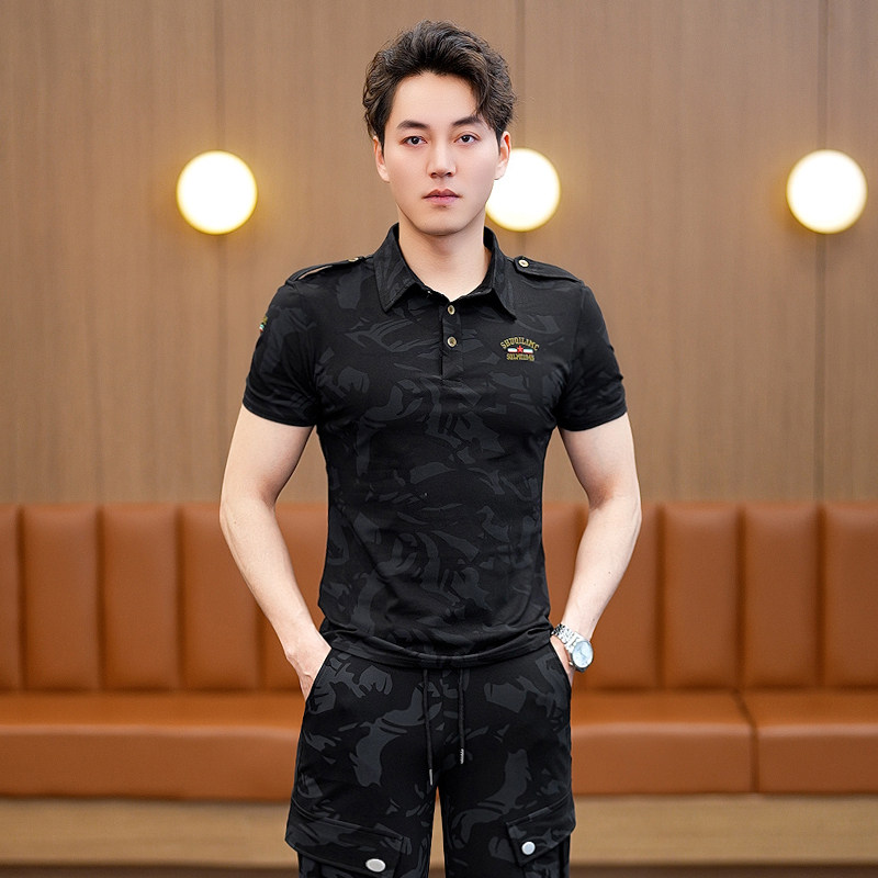 高档气质男装POLL衫翻领上衣夏黑迷彩服女短袖T恤显瘦弹力工作服