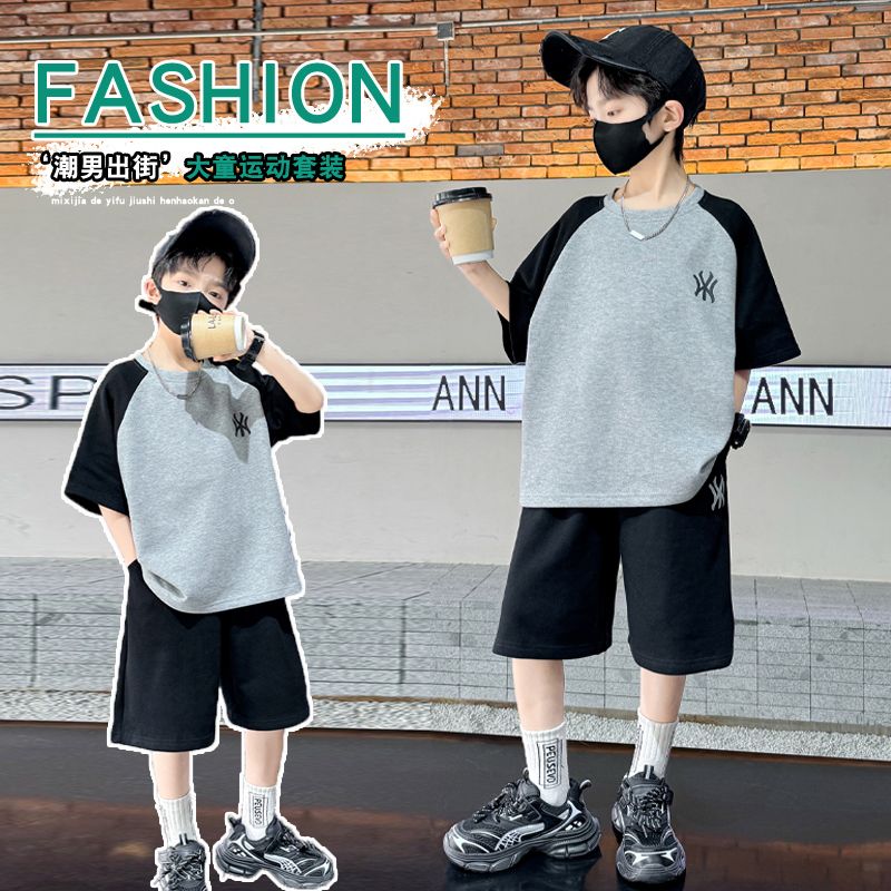 男童夏季套装纯棉珠儿童夏装插肩袖短袖中大童休闲运动两件套潮