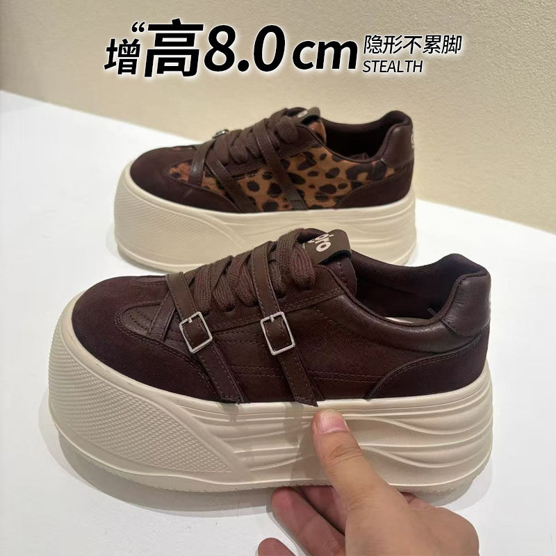 豹纹厚底板鞋2026秋季新款休闲女鞋百搭爆款小个子增高复古德训鞋