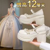 女主婚纱神器内增高一字扣带粗跟婚宴珍珠玛丽珍鞋 12cm高跟鞋 婚鞋