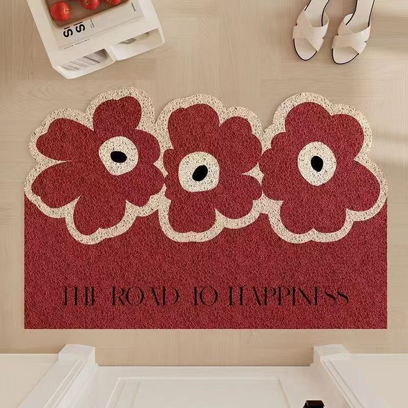 ins入户地垫高级感丝圈红色花地垫入户门耐脏家用可裁剪地垫脚垫