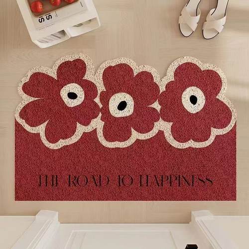 ins入户地垫高级感丝圈红色花地垫入户门耐脏家用可裁剪地垫脚垫