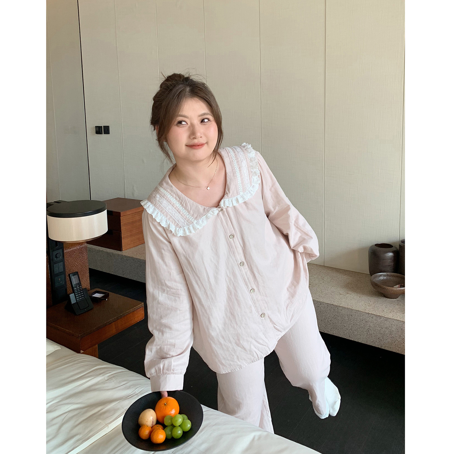 ALIN大码家居胖mm娃娃领纯棉睡衣春秋200斤女士可外穿家居服套装