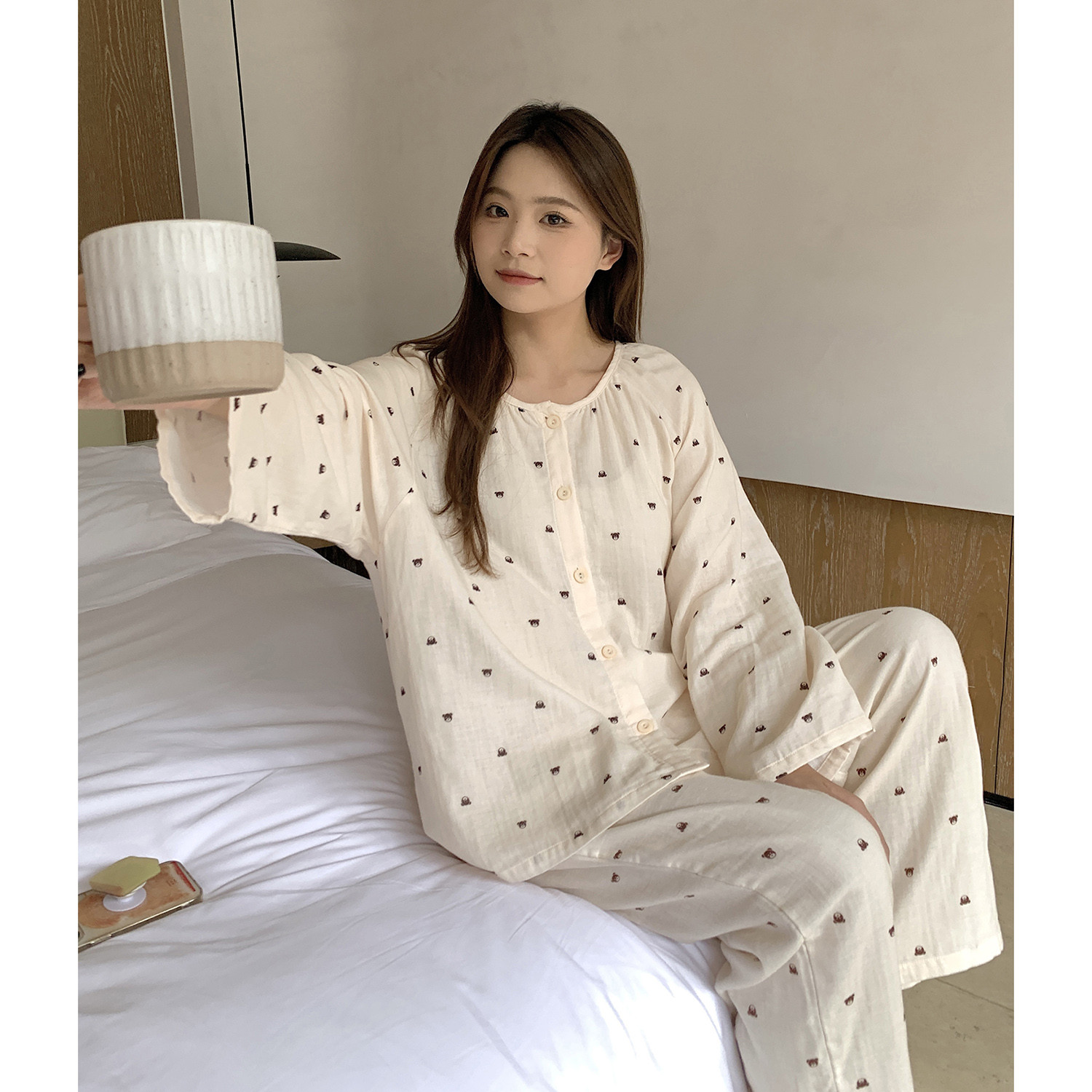 ALIN大码家居胖妹妹小熊韩版睡衣女纯棉长袖春秋200斤家居服套装