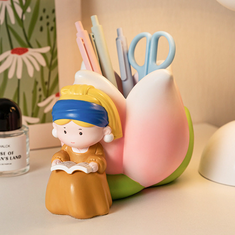 创意轻奢珍珠女孩郁金香笔筒学生礼物桌面收纳装饰摆件树脂工艺品,家居饰品,桌面摆件,淘宝优惠券,粉丝福利购,淘宝优惠卷