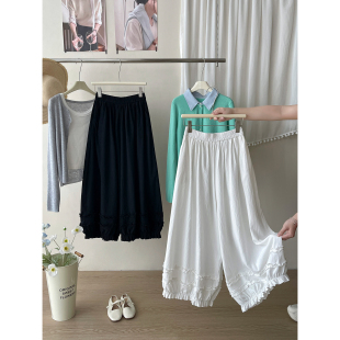 日韩系木耳花边洗水棉麻灯笼阔腿裙裤 女春夏松驰感九分气球休闲裤