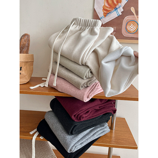 日韩系复古加绒糯米毛巾羊绒阔腿裤 女秋冬松弛垂感拖地直筒休闲裤