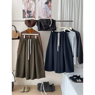 日韩系复古灯笼气球小格纹阔腿裤女秋冬慵懒休闲毛呢料花苞裙裤子