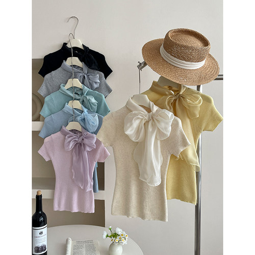 洋气质简约显瘦蝴蝶结丝巾针织衫