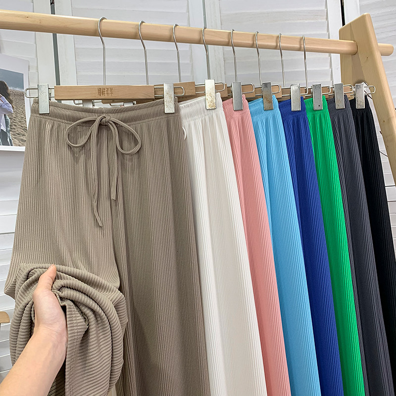 清仓高腰针织冰丝条纹阔腿裤女春夏宽松百褶皱垂感拖地直筒休闲裤,女装/女士精品,休闲裤,淘宝优惠券,粉丝福利购,淘宝优惠卷