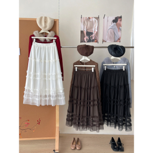 日韩miu系甜美木耳边网纱蕾丝半身裙女春夏大摆遮胯a字蓬蓬蛋糕裙