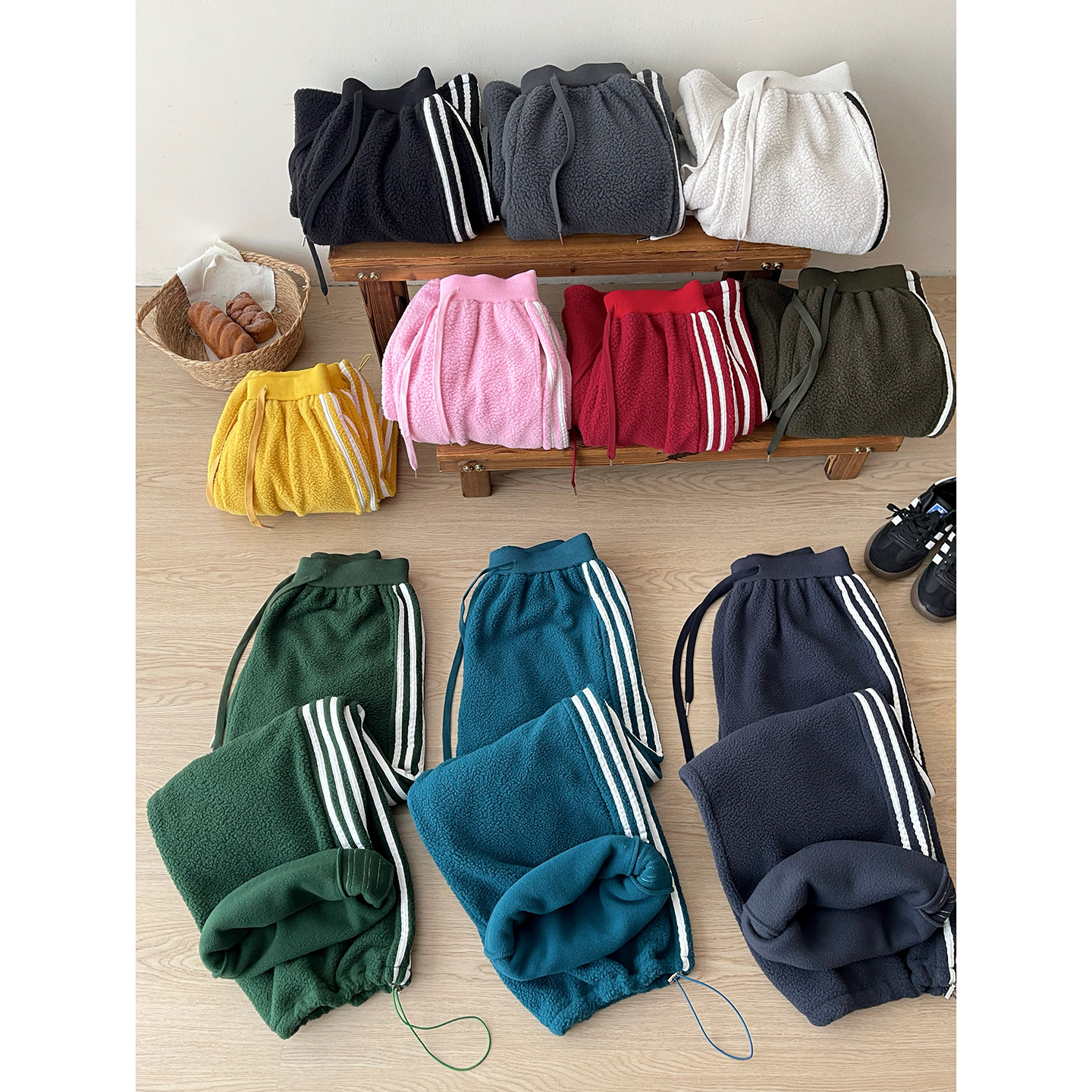 韩系抽绳束脚两穿加厚摇粒绒阔腿裤女秋冬慵懒直筒休闲拉条纹卫裤,女装/女士精品,休闲裤,淘宝优惠券,粉丝福利购,淘宝优惠卷