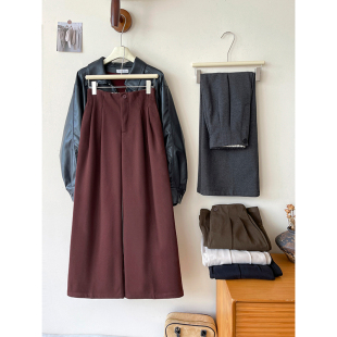 子 女秋冬休闲小个子直筒大脚裤 复古花苞高腰羊绒毛呢料西装 阔腿裤