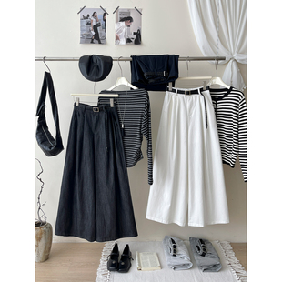 日韩系老钱风仿牛仔棉麻压褶阔腿裤 女春百搭慵懒松弛感直筒休闲裤