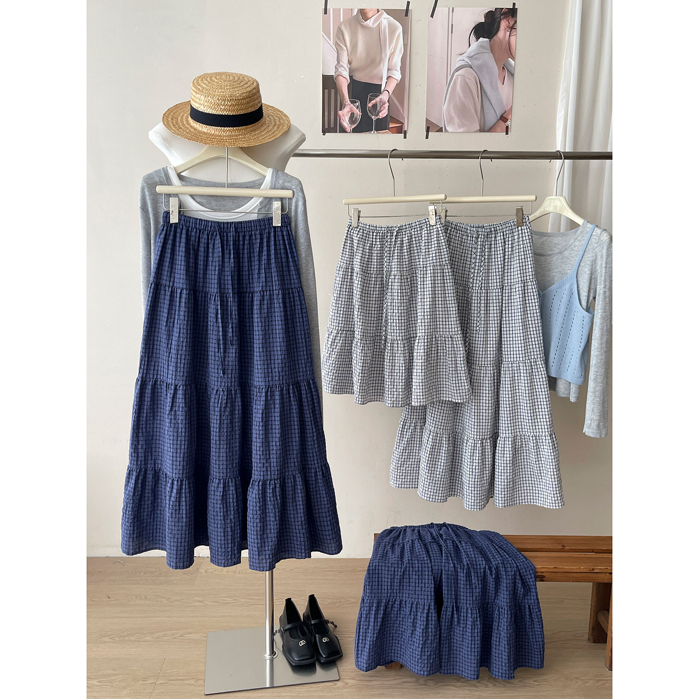 日韩系小格纹拼接蛋糕中裙女夏复古松紧腰度假百搭度假半身长裙子