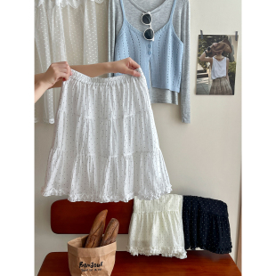 日韩miu系木耳花边波点蓬蓬短中裙女夏复古松紧腰百搭遮胯半身裙