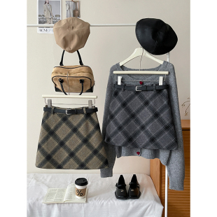 复古毛呢菱形纹格子高腰短裙女秋冬法式 洋气质显瘦包臀a字半身裙