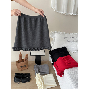 日韩系简约松紧腰木耳花边毛线针织短裙女秋冬外穿百搭包臀半身裙