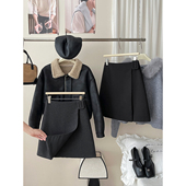 日韩系不规则侧开叉毛呢料西装 中短裙女秋冬法式 百搭包臀半身裙子