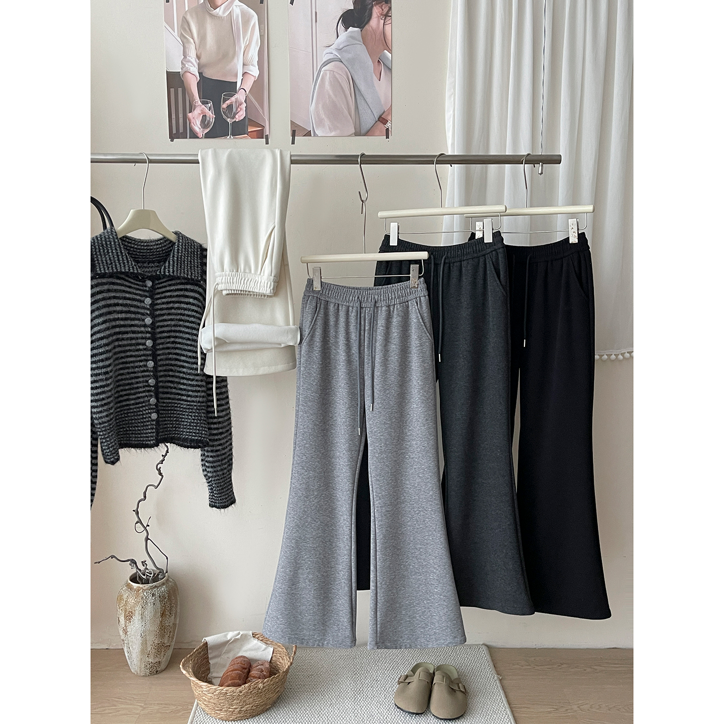 法式复古糯米羊绒加绒微喇叭裤子