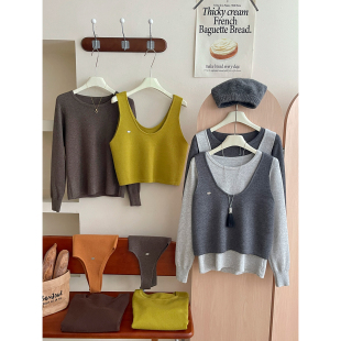 日韩系复古叠穿撞色混羊绒针织衫女秋冬马甲背心打底两件套装上衣