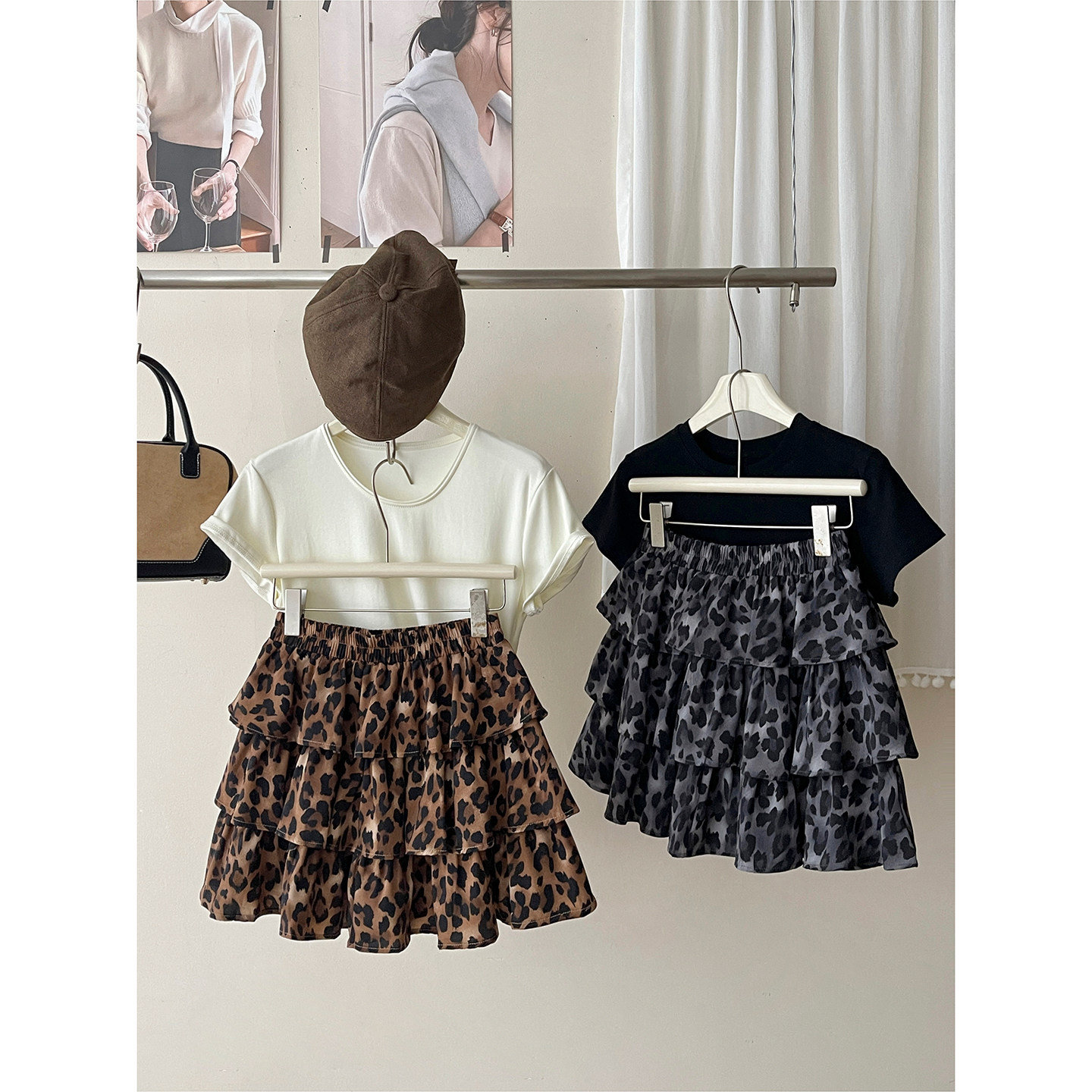 美式复古豹纹辣妹层层蛋糕短裙女夏纯欲风a字木耳荷叶边蓬蓬伞裙