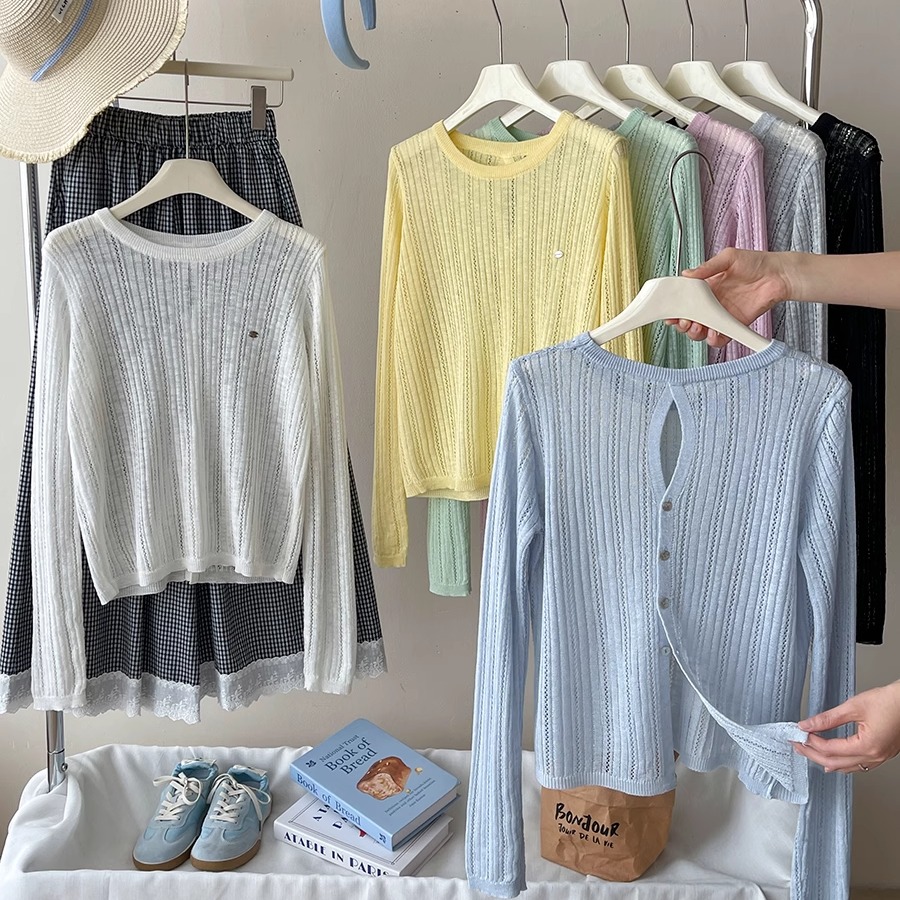 慵懒风后纽扣露背镂空冰丝针织衫