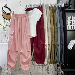 美式复古抽绳速干工装束脚阔腿哈伦裤女夏宽松垂感冰丝运动休闲裤