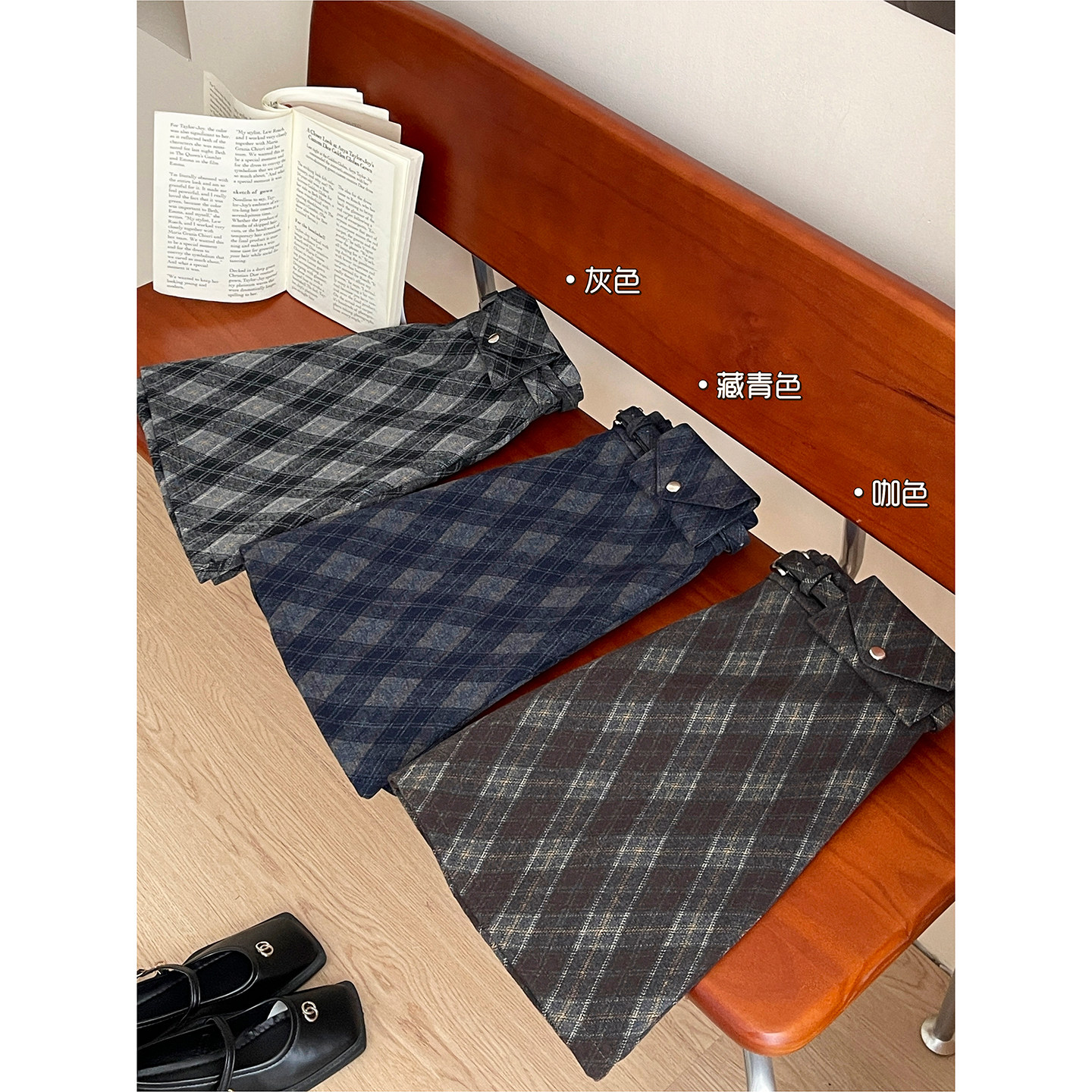 复古miu系毛呢菱形纹格子短裙女