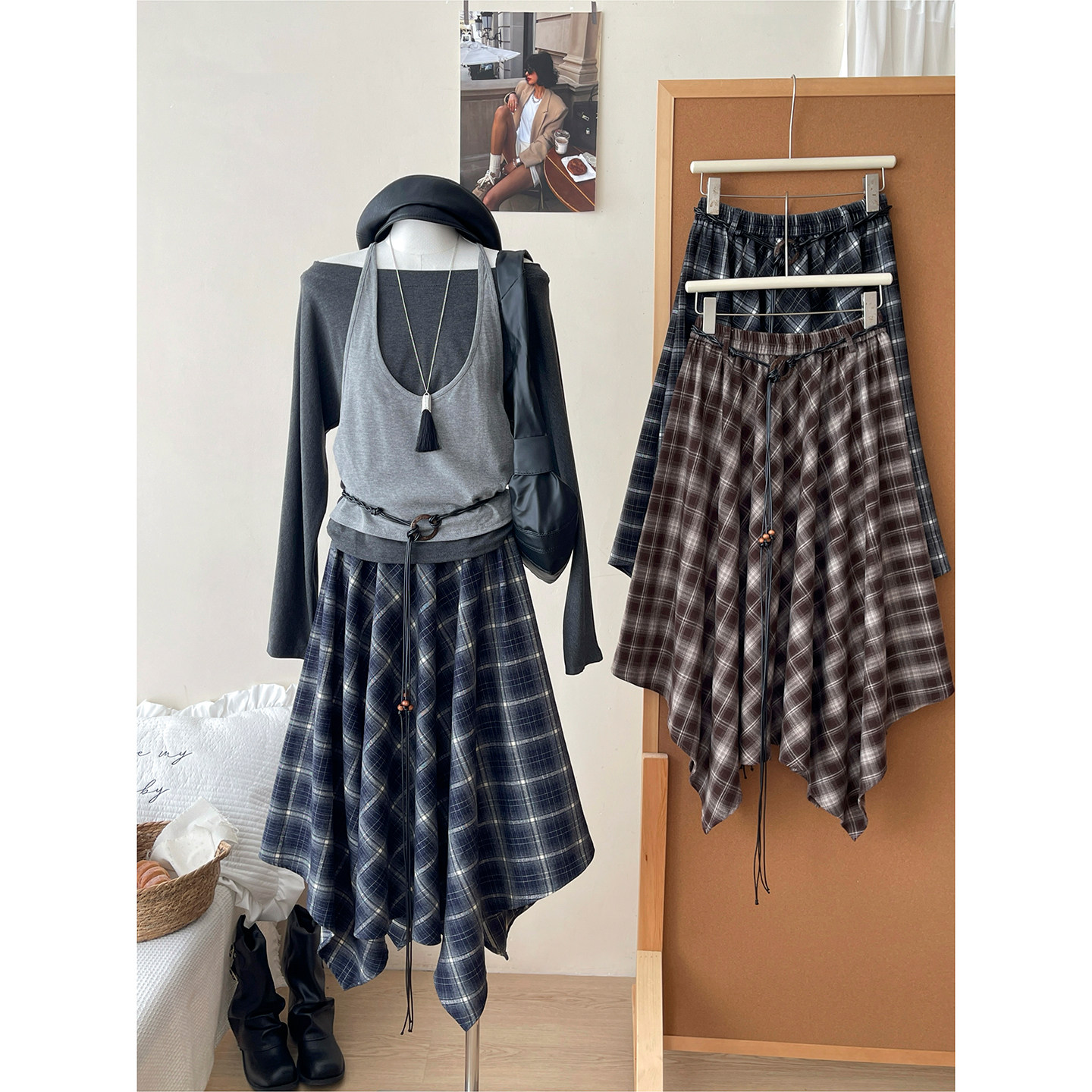 日韩系复古不规则格纹半身中裙女春洋气质大摆显瘦百搭a字伞裙子