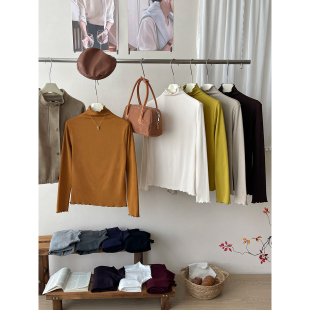 日韩系木耳花边领磨毛T恤女秋冬法式 上衣 复古叠穿内外百搭打底衫