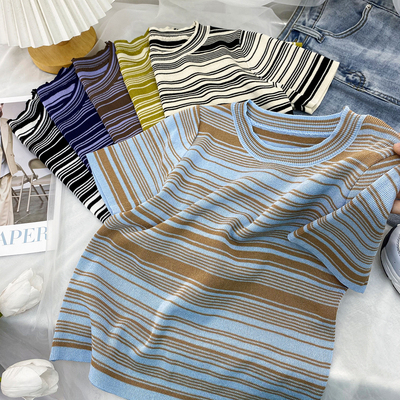 复古撞色条纹冰丝短袖针织衫ins