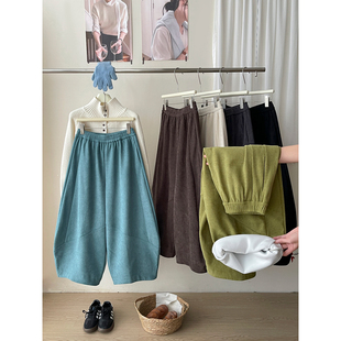 日韩系灯芯条绒加绒气球灯笼阔腿裤 女秋冬八九分休闲弯刀花苞裙裤