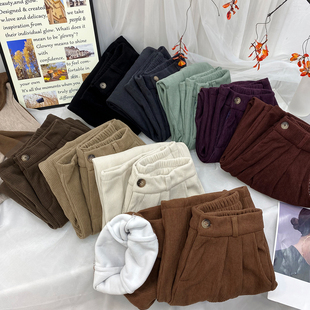 复古日系灯芯条绒加绒阔腿哈伦裤 子 女秋冬宽松直筒加厚垂感休闲裤