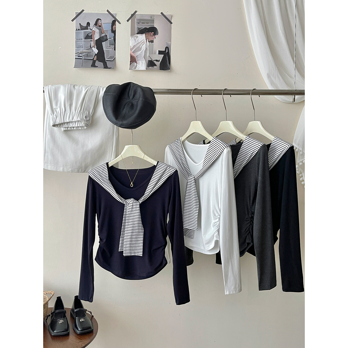 日韩系简约百搭配条纹披肩T恤衫