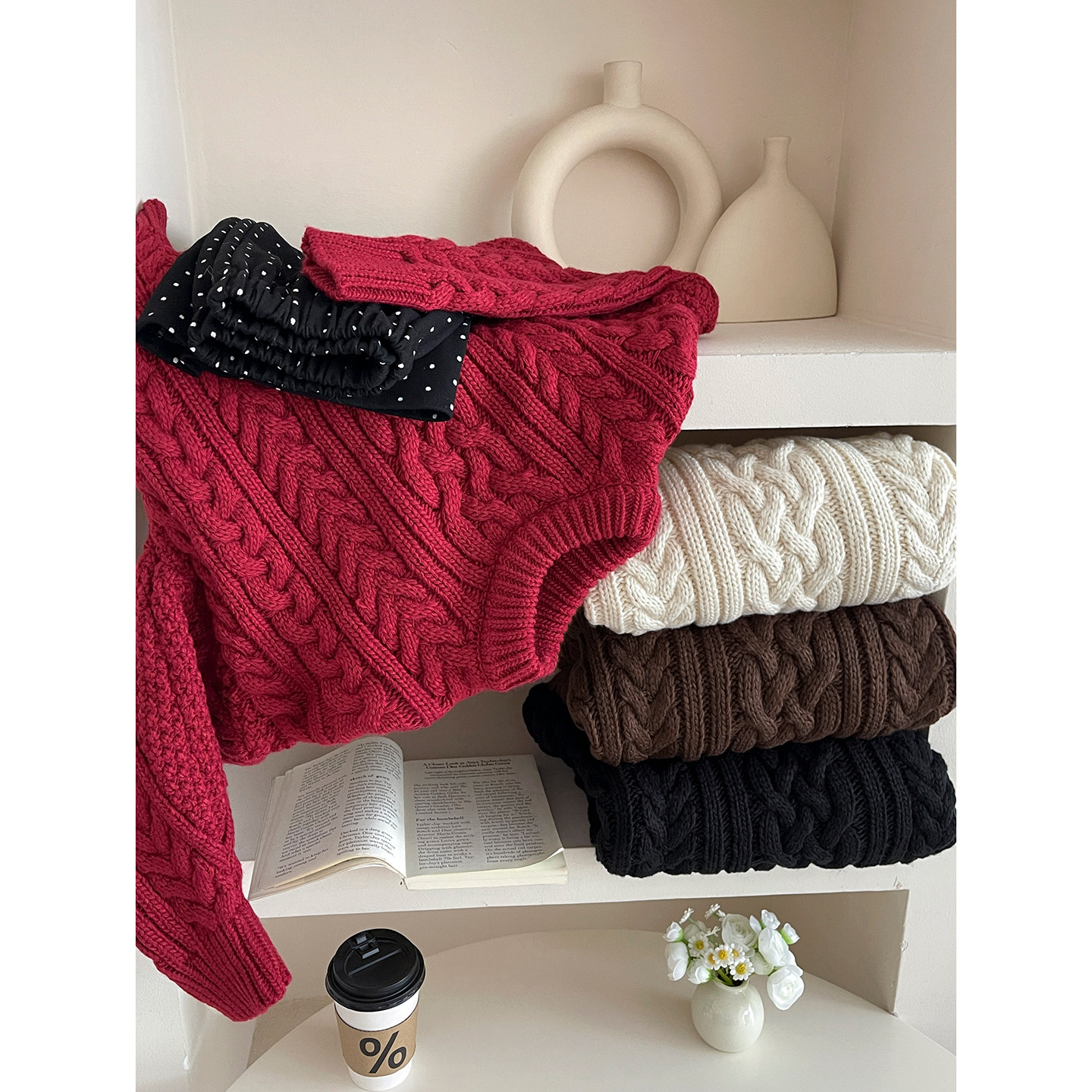 韩代同款东大门复古红色麻花毛衣女秋冬慵懒内外穿搭休闲粗针织衫