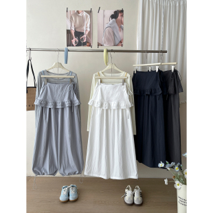 日韩系抽绳束脚两穿两件套阔腿裤 女春夏搭配木耳边屁帘直筒休闲裤