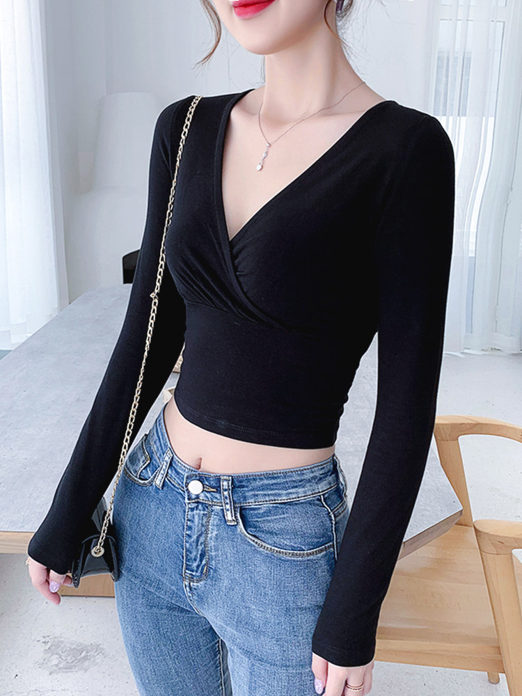 Black tight umbilical top women's long-sleeved V-neck base shirt short 2021 autumn and winter new slim sexy pure cotton