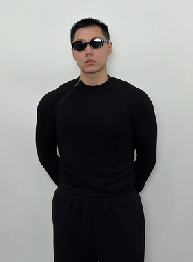 Roast lucky秋季斜拉链紧身高弹力长袖 男款运动健身休闲打底T恤