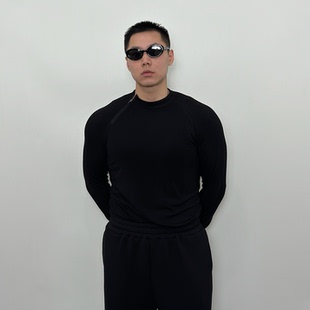 男款 斜拉链紧身高弹力长袖 运动健身休闲打底T恤 lucky秋季 Roast