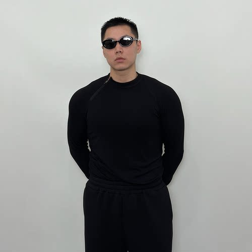 Roast lucky秋季斜拉链紧身高弹力长袖 男款运动健身休闲打底T恤
