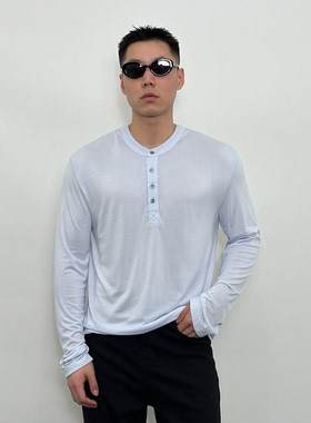 Roast lucky 天丝混纺亨利领轻薄打底长袖 软糯基础纽扣休闲T恤