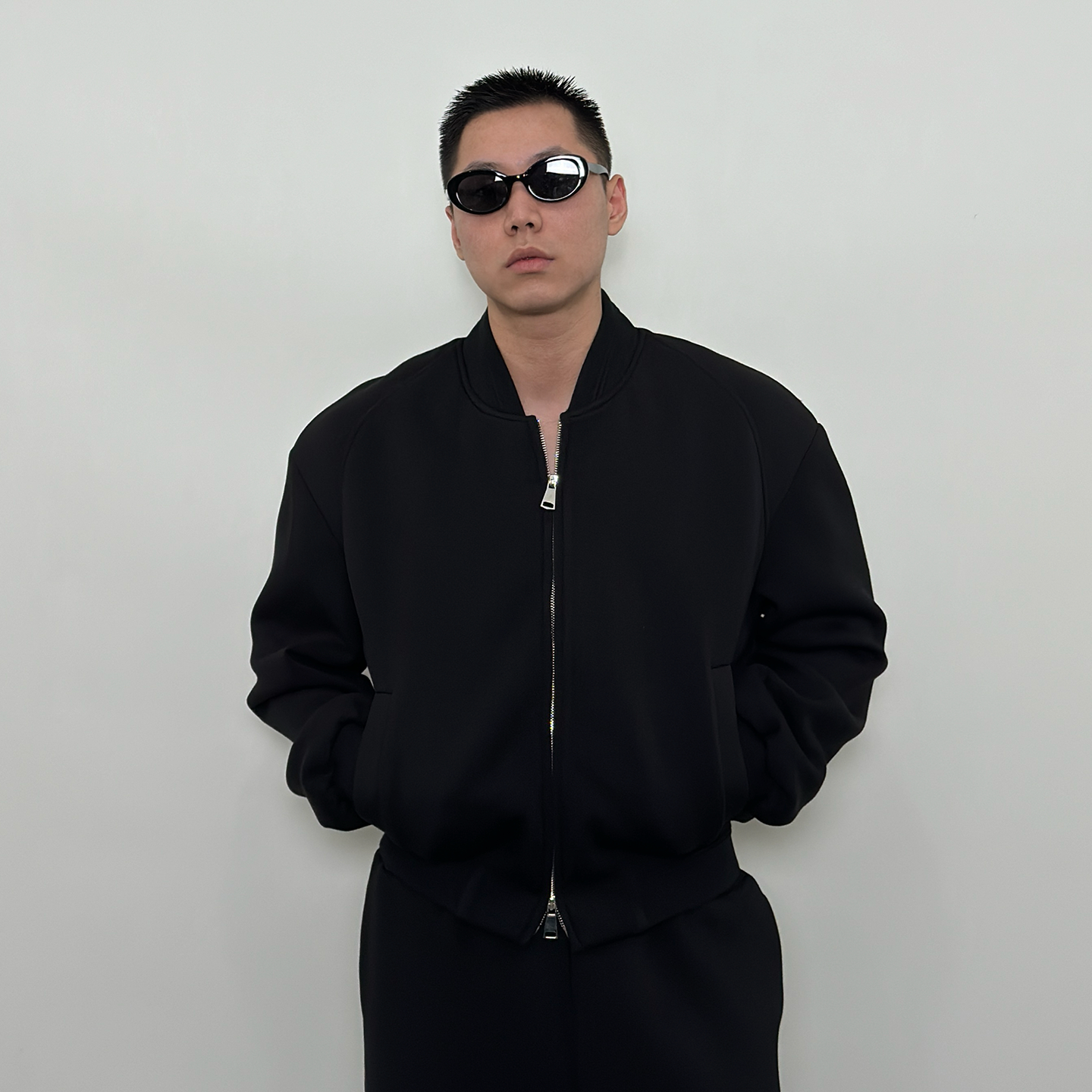 Roast lucky复合棉混纺空气层廓形立领棒球服卫衣夹克男短外套