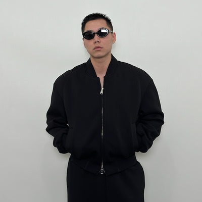 Roast lucky复合棉混纺空气层廓形立领棒球服卫衣夹克男短外套
