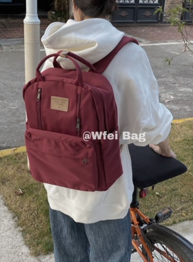 韩国学院风少女双肩包日系红色大容量书包森系纯色大学生百搭背包