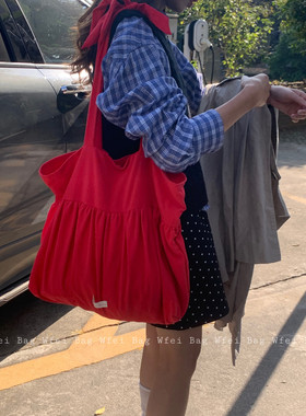 甜妹褶皱裙系单肩包大容量红色托特包韩系氛围感布包新款仙女包