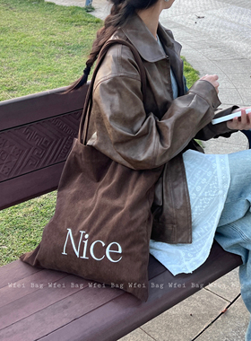 Wfei秋冬复古灯芯绒帆布包大容量百搭单肩包上班通勤极简购物袋女