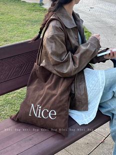 Wfei秋冬复古灯芯绒帆布包大容量百搭单肩包上班通勤极简购物袋女