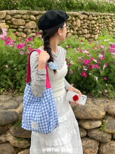 Wfei元 气撞色粉色格子帆布包休闲大容量单肩包可爱布袋学生托特包